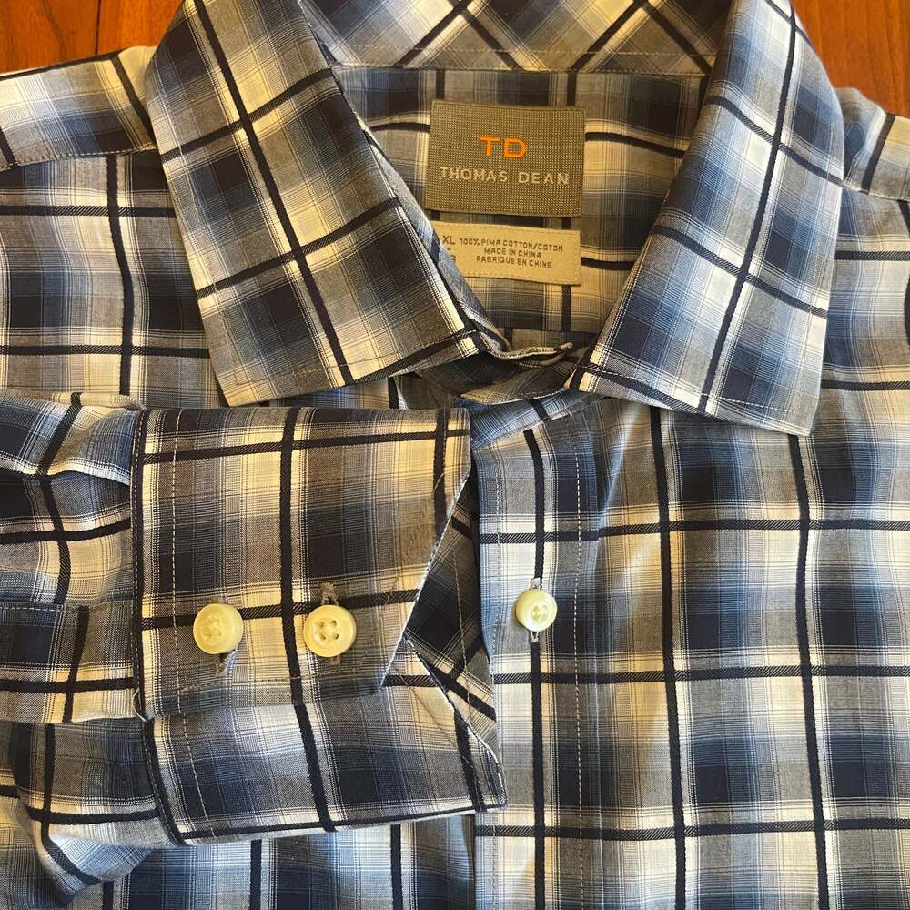 Thomas Dean‎ Gray Blue Black Plaid Button Front Shirt Mens Size Large